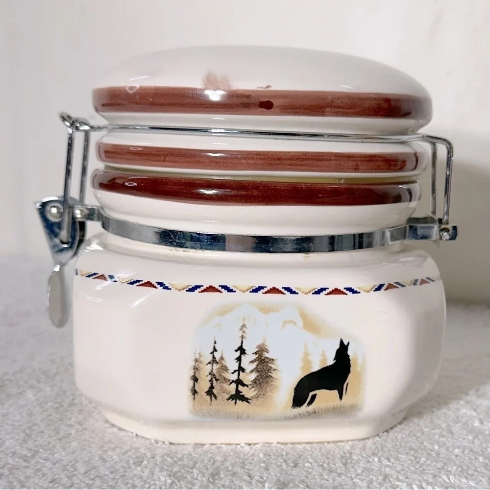 Vintage Ceramic Mountain Forest Wolf Canister With Lid Small